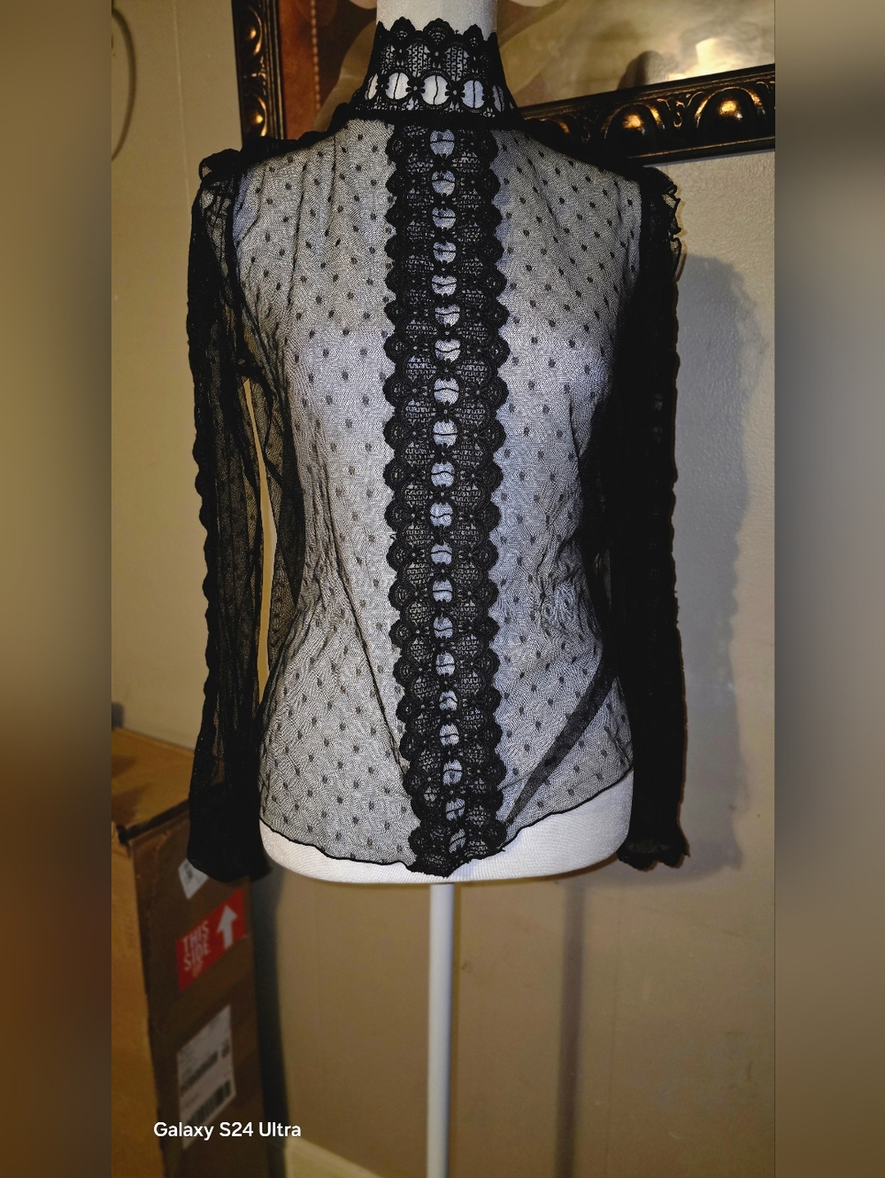 Others Follow Black Sheer Dotted Lace-Trim High Neck Blouse